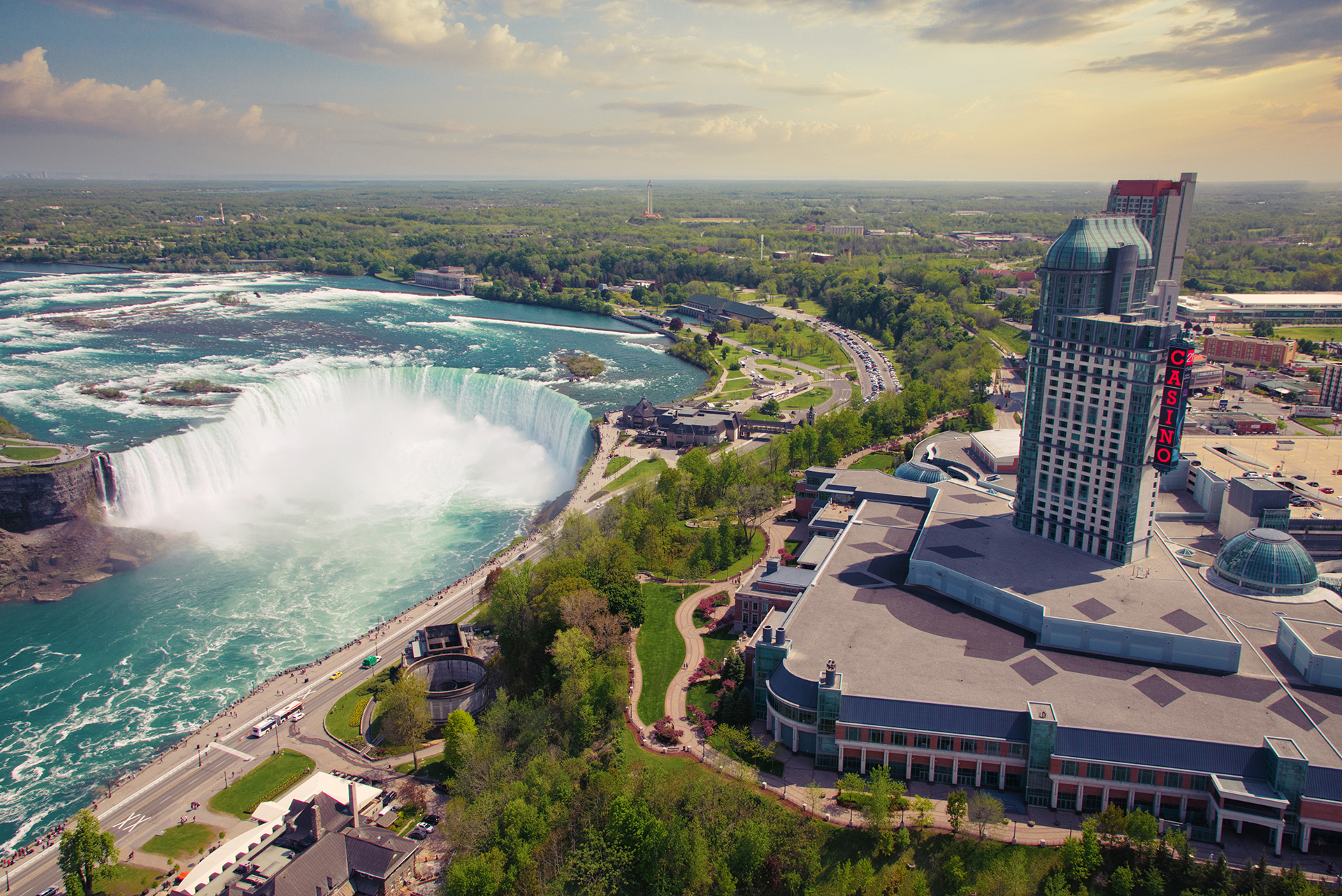 A panarama view of the Fallsview Casino and the Canadian Horseshoe Falls.