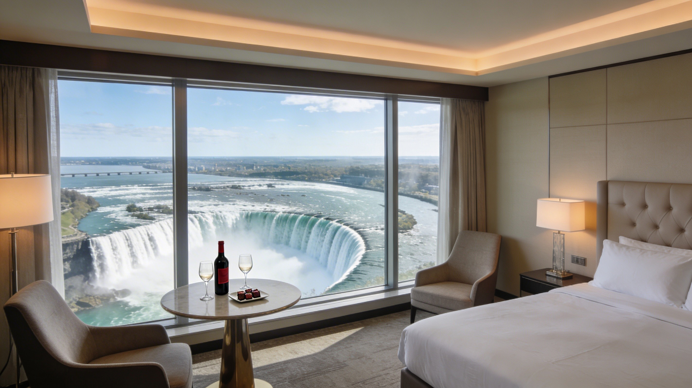 White hotel bed with room service tray holding fruit and champagne glasses beside an ice bucket holding chilled champagne.