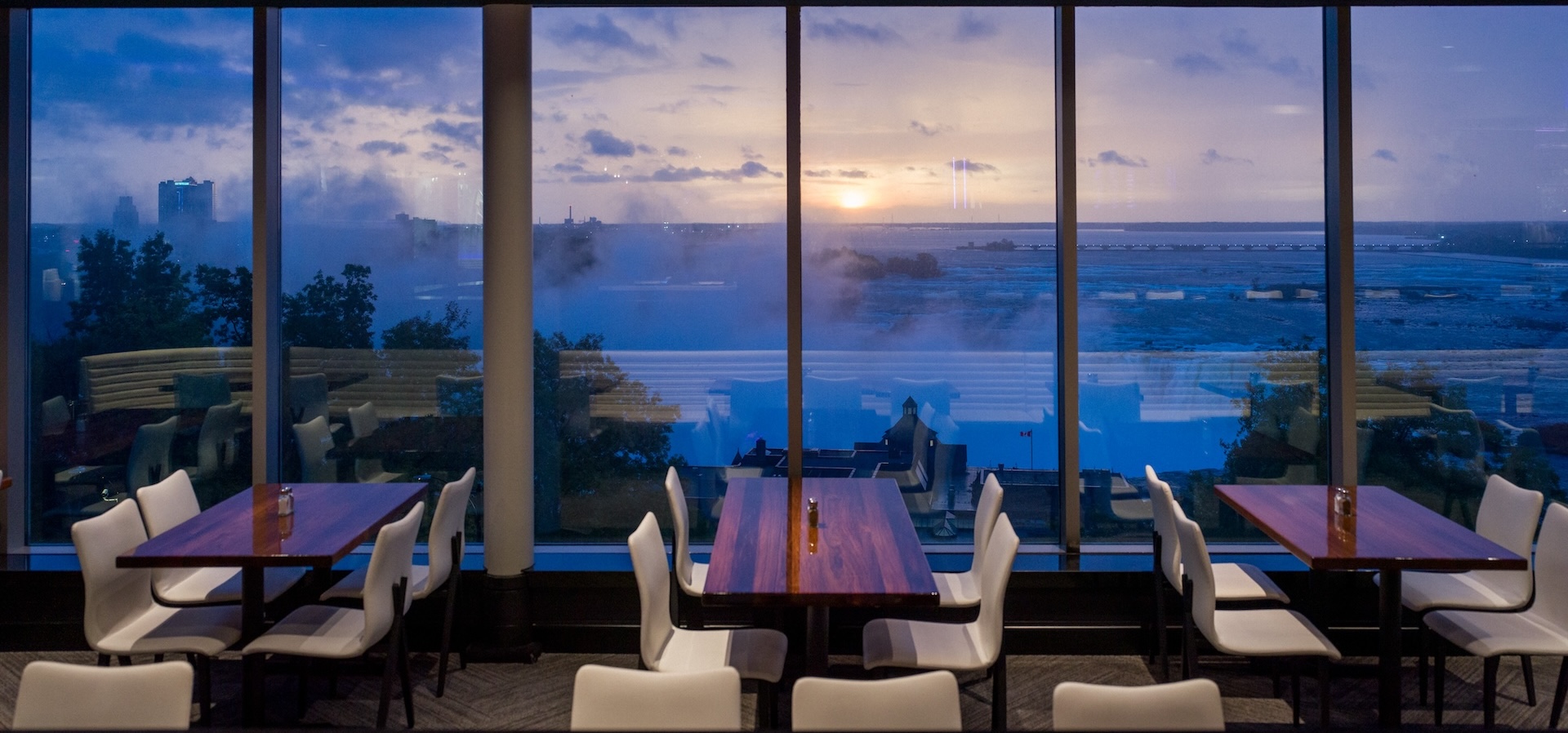 Elevated ballroom setup with Niagara Falls views